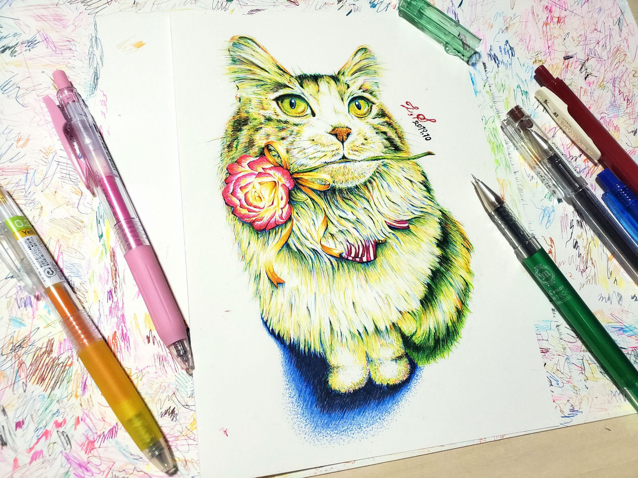ボールペン画 カラーボールペン画 の作品 猫のイラスト 制作 白石拓也